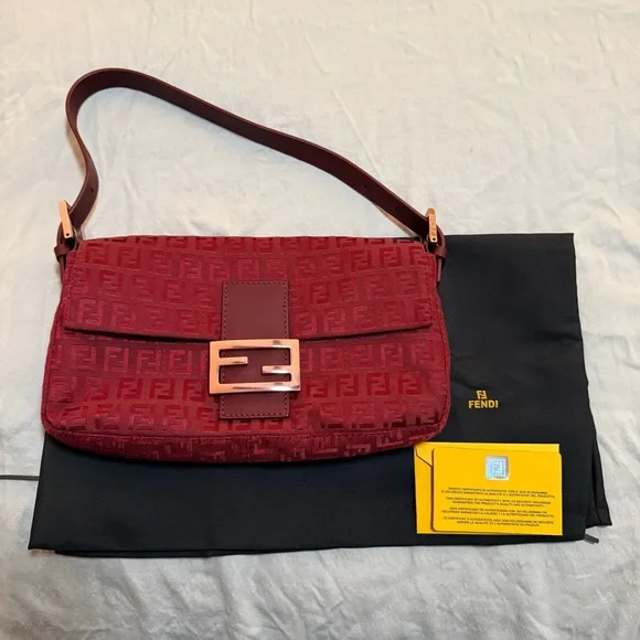 RARE Rose Gold Hardware Fendi Zucchino Baguette Bag in Red / Burgundy - Picture 3 of 11